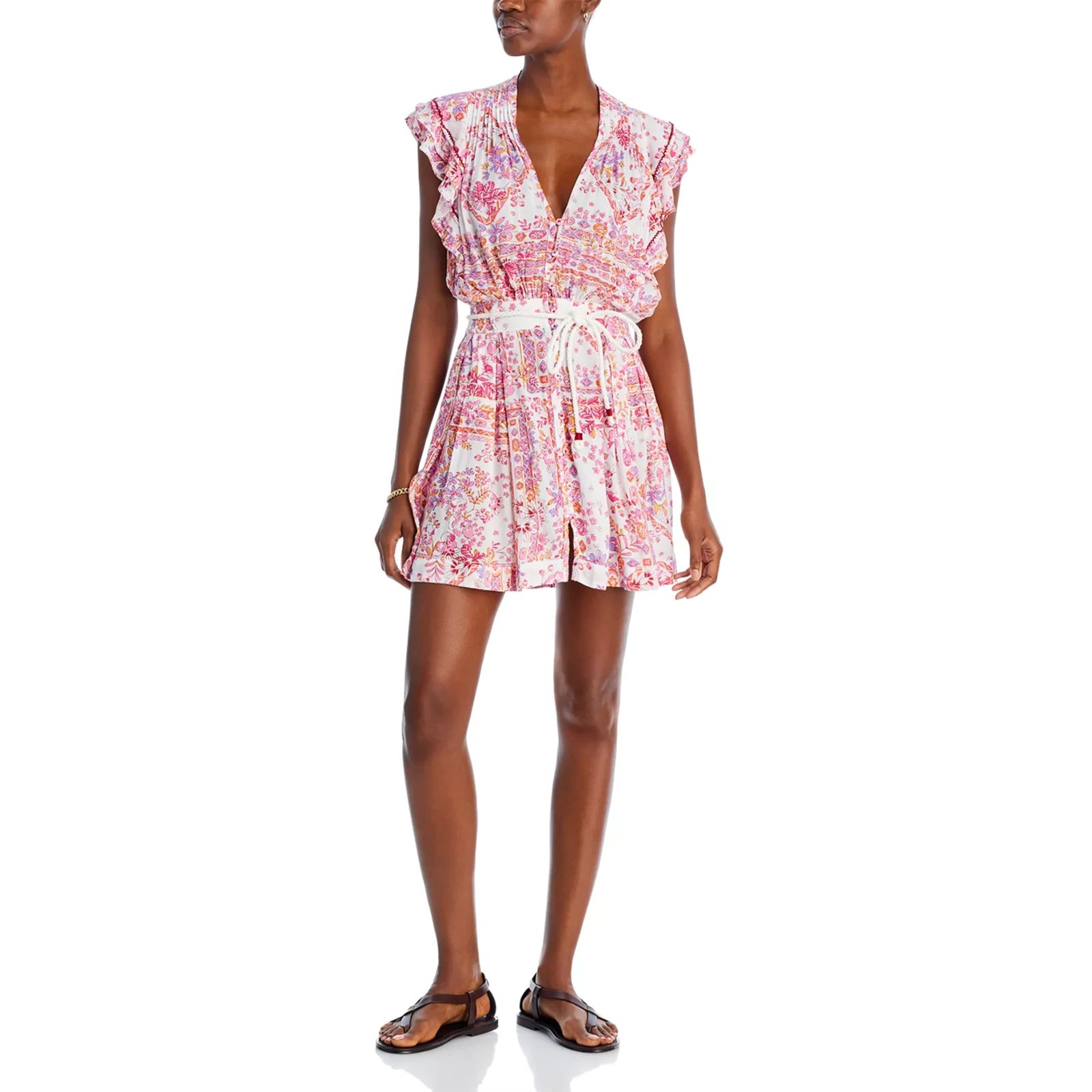Poupette St. Barth Bice Floral Print Mini Dress Self Tie Rope Belt Floral Pink L